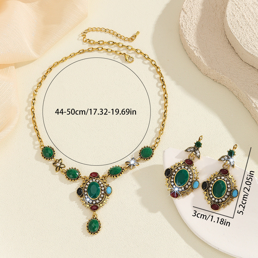 Bohemian Multi-Color Resin Crystal Jewelry Set, Antique Gold Necklace & Drop Dangle Earrings