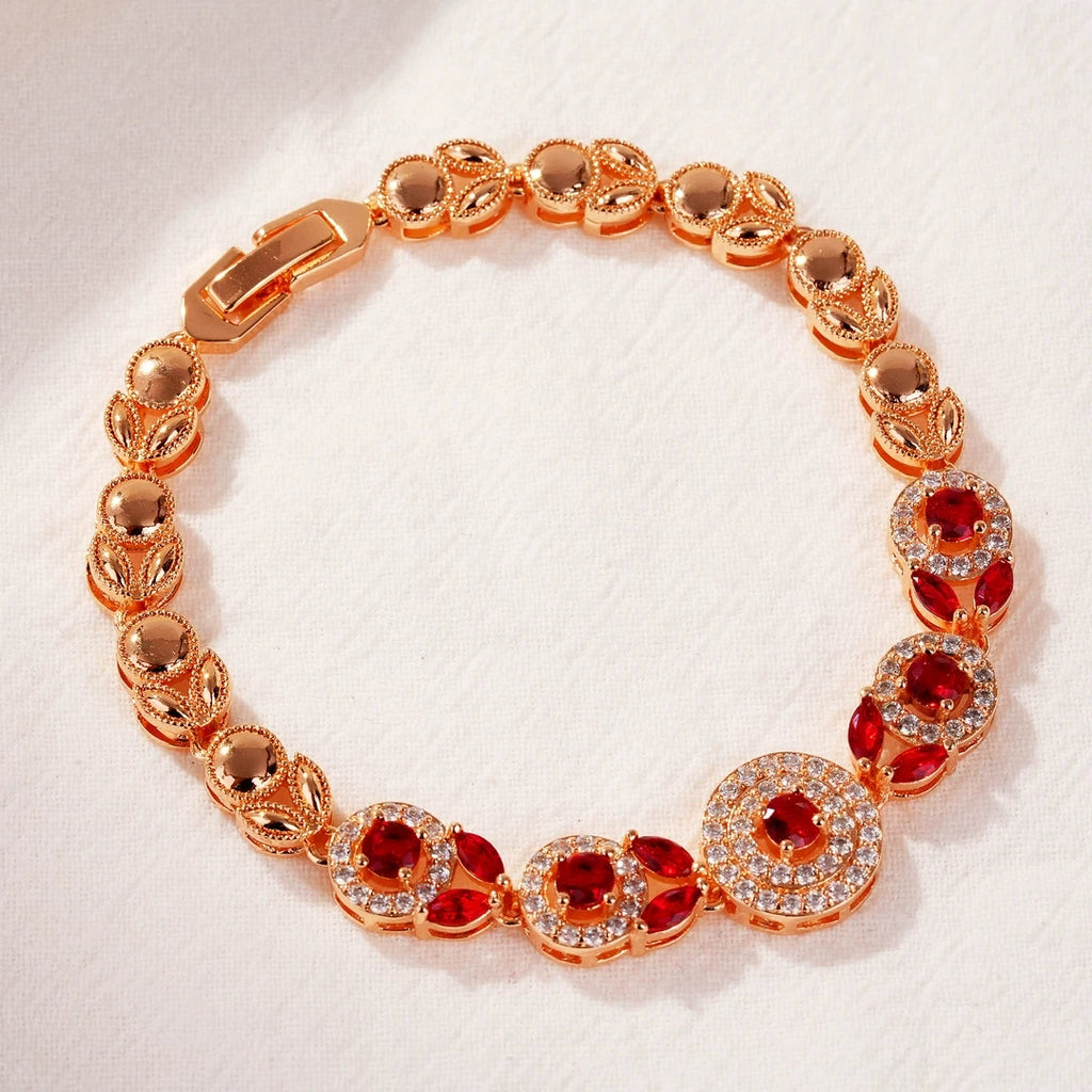 Retro Sparkly Pave Ruby Red Crystal Bracelet Double Circle Rhinestone Inlaid Rose Gold Chain Bracelet Wedding Banquet Statement Wrist Gift
