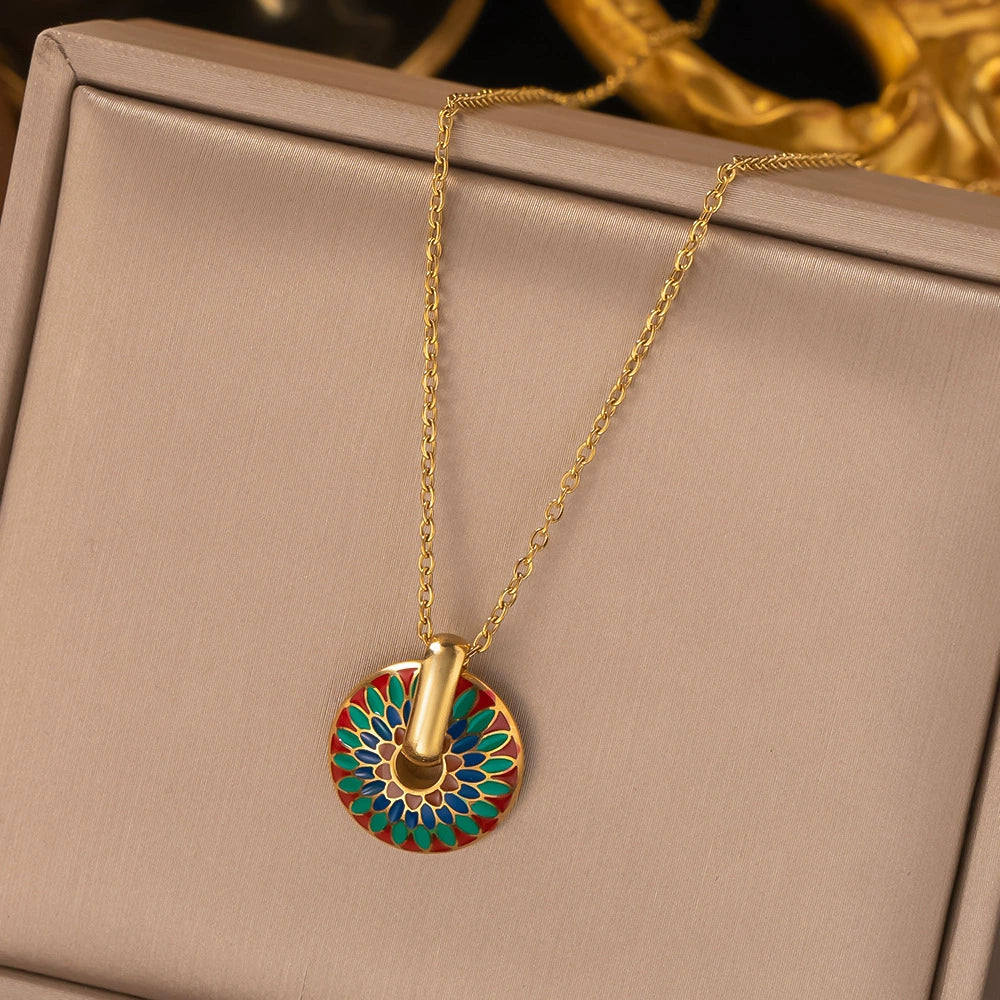 Vintage Enamel Disc Jewelry Set, Hypoallergenic Titanium Steel Hoop Earring & Necklace Set