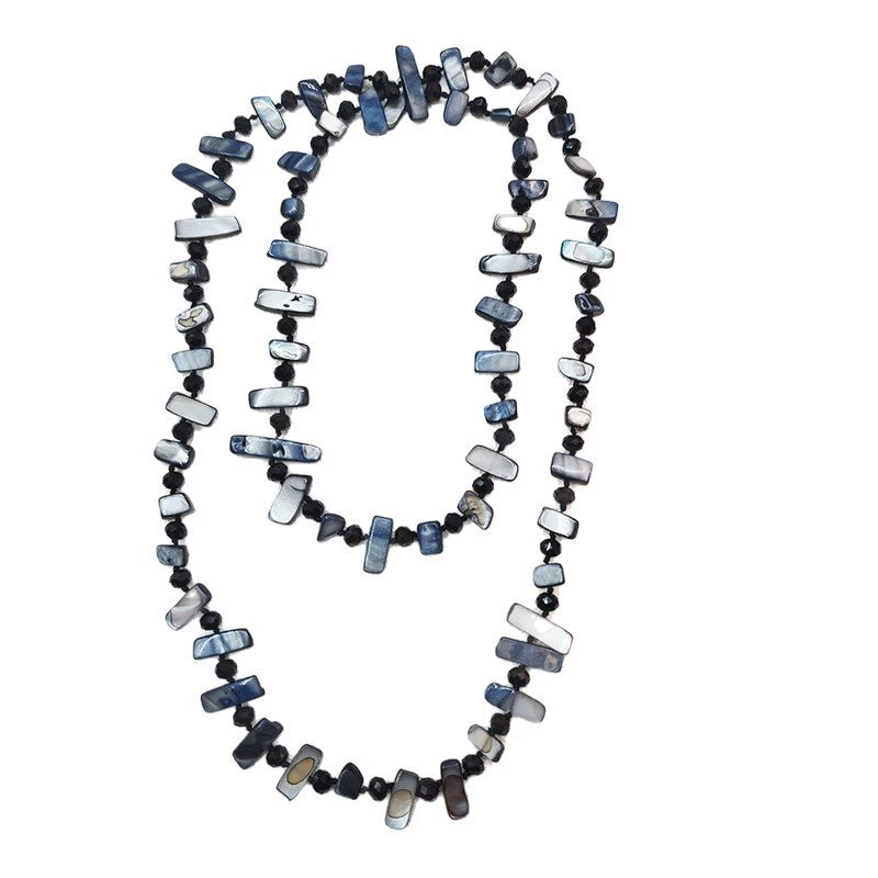 Lightweight Multi-Shape Raw Shell Chip Long Necklace Matte Black Small Crystal Spacers Ethnic Hippie Style Adjustable Sweater Chain Ladies Gift