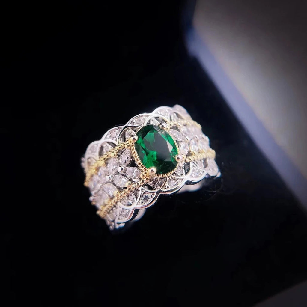 Baroque Royal Hollow Lace Texture Emerald Green Gem Open Ring Bi-Color Antique Plating Multi-Layer Marquise Zircon Inlaid Adjustable Wide Band Ladies Evening Jewelry