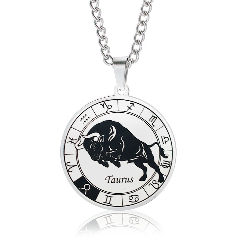 12 Zodiac Sign Stainless Steel Pendant Necklace Engraved Horoscope Coin 60cm Curb Chain Unisex Gift