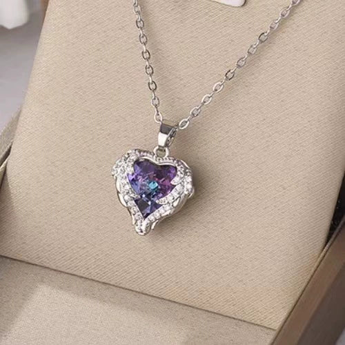 Stainless Steel Angel Wing Heart Crystal Pendant Necklace, 40+5cm Extendable Chain Two Tone