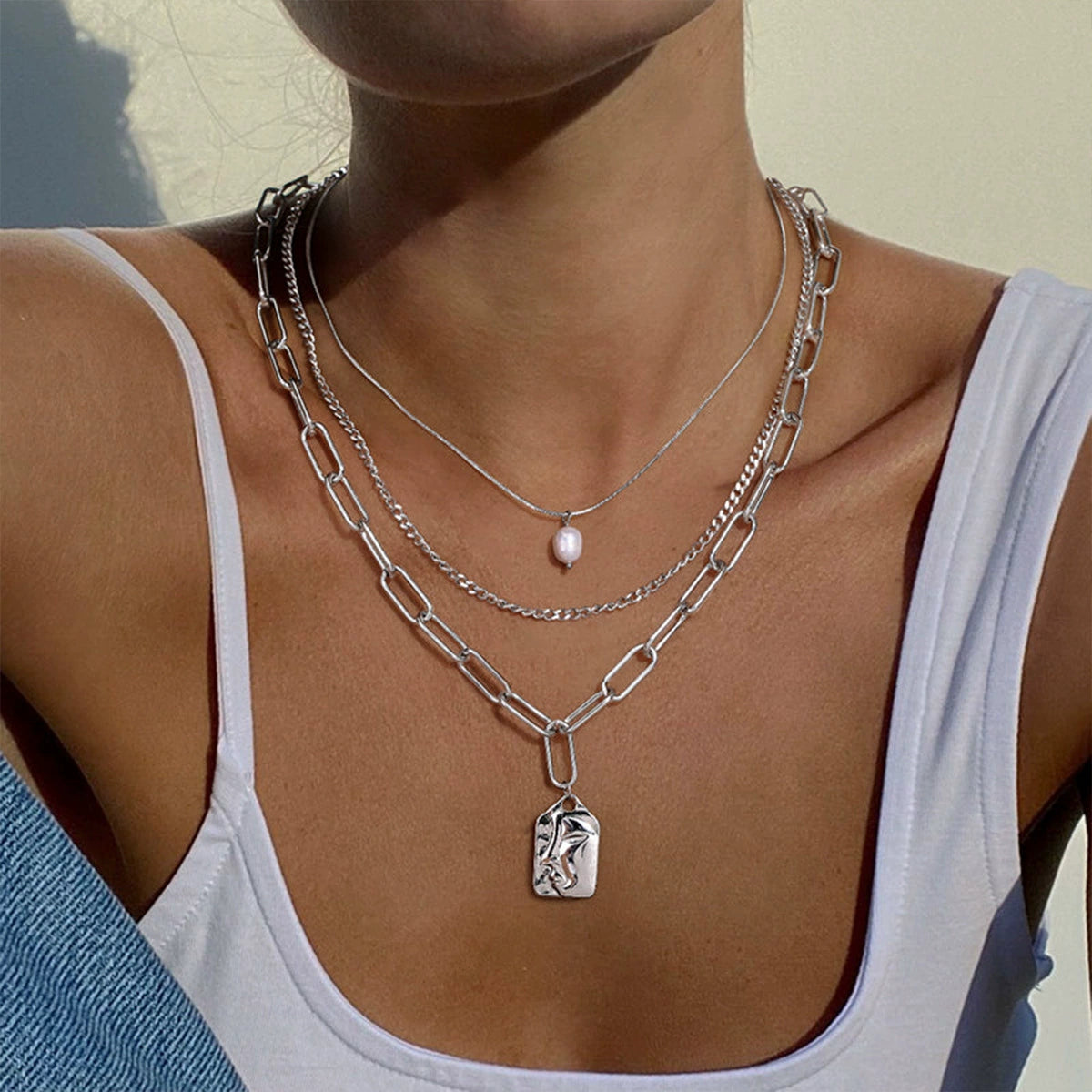 18K Gold Plated Stainless Steel Multi Layer Abstract Face Tag Necklace, Tarnish Resistant Baroque Pearl Stackable Pendant Necklace For Women