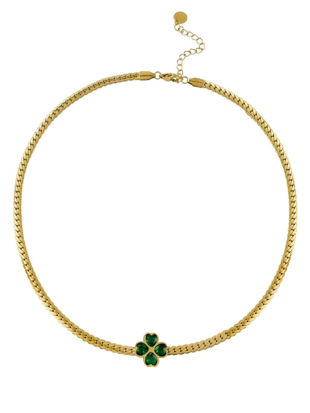 18K Gold Plated Stainless Steel Four Leaf Clover Jewelry Set, Tarnish Resistant Heart Emerald Zircon Cuban Chain Necklace Bracelet Hoop Earrings Set For Women