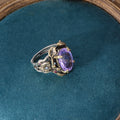 Vintage Oval Simulated Amethyst Open Adjustable Ring Two-Tone Metal Fish Lotus Carved Cocktail Statement Ring Women Retro Jewelry Gift