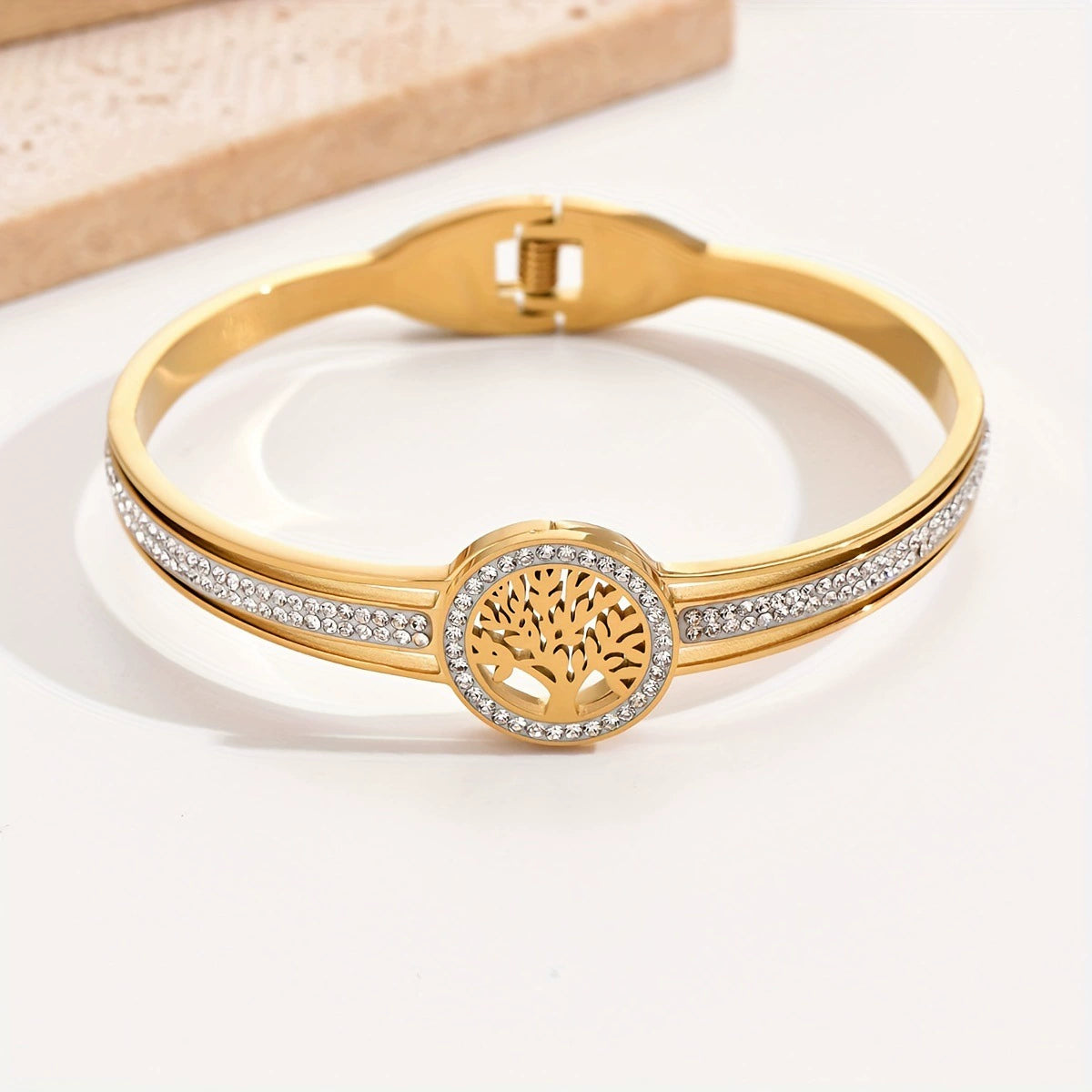Life Tree Hollow Zircon Inlaid Bangle, Gold Plated Stainless Steel Hypoallergenic Spring Bracelet