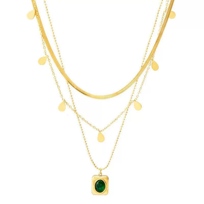 Double Layer Green Zircon Square Pendant Necklace, Hypoallergenic Snake Chain Layering Choker