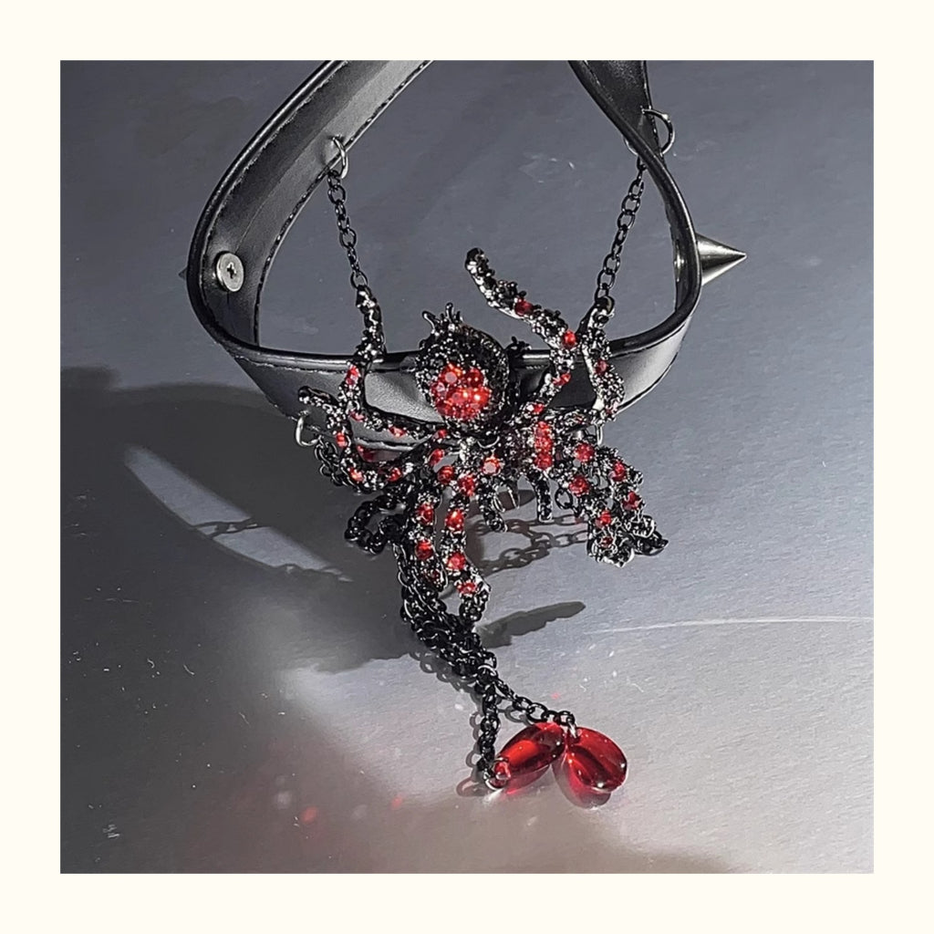 Gothic Red Rhinestone Spider PU Leather Choker, Vintage Spike Tassel Blood Drop Crystal Spider Choker Necklace Halloween Punk Jewelry For Women