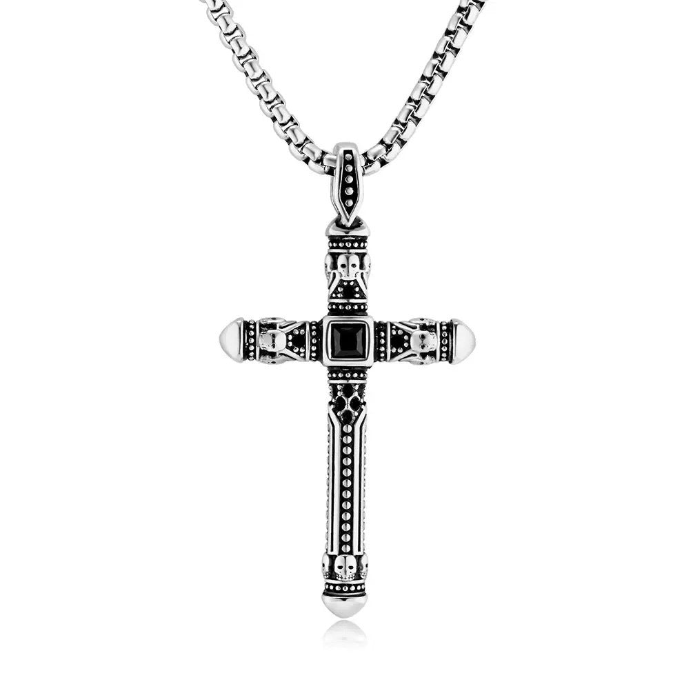 Mens Vintage Skull Cross Pendant Stainless Steel Necklace 60cm Box Chain Black Onyx Punk Biker Jewelry Silver Gold
