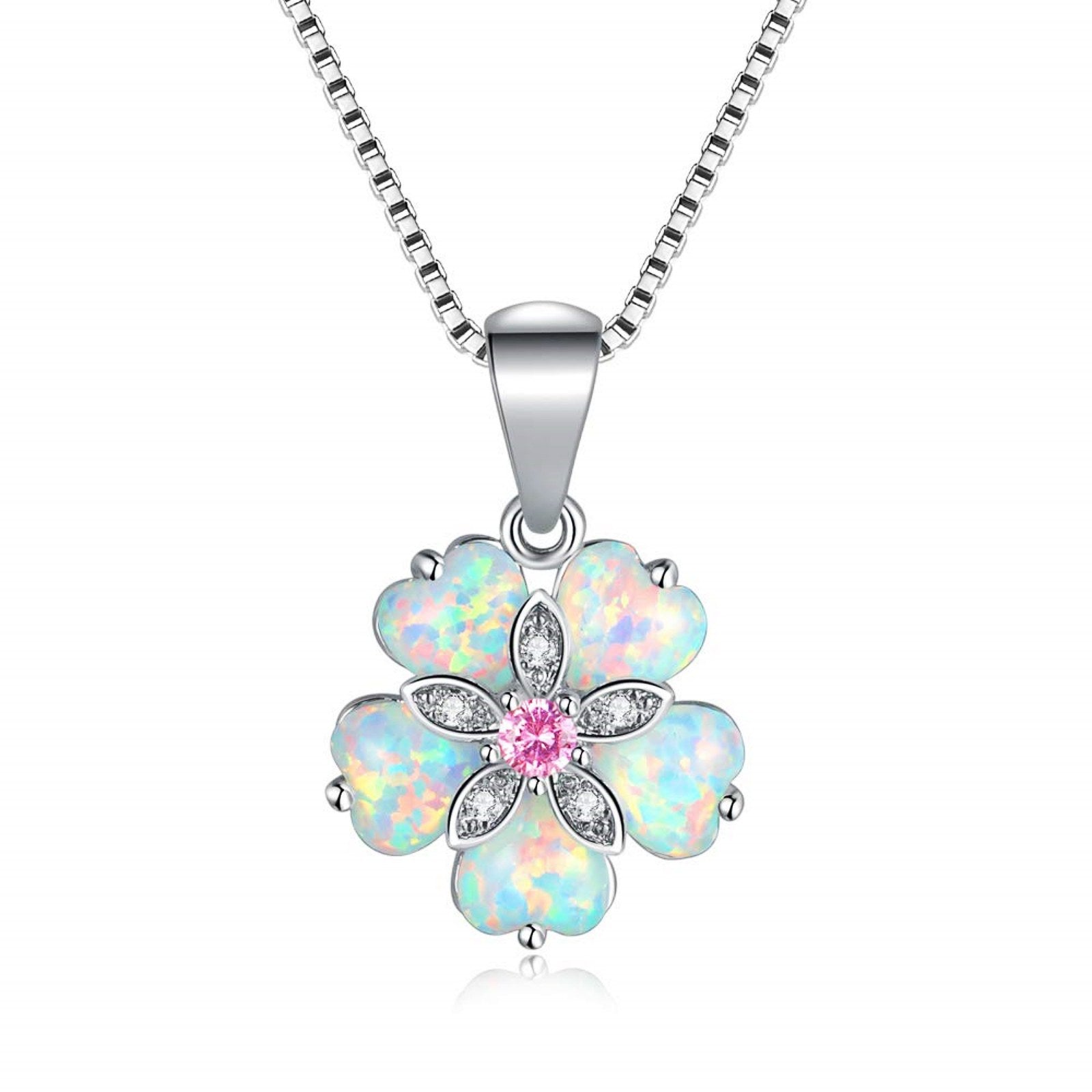 Floral Opal Pendant Necklace with Pink CZ Center