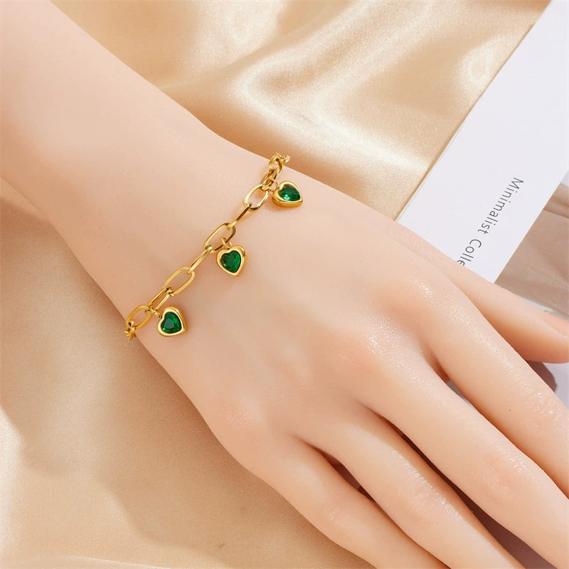18K Gold Plated Stainless Steel Paperclip Chain Heart Cubic Zirconia Charm Bracelet, Adjustable Dainty Bracelet