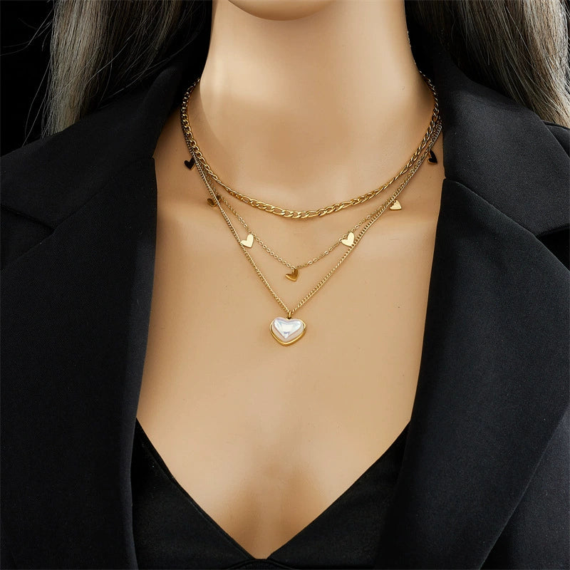 Multi-layer Heart Shell Pendant Necklace, Gold Plated Stainless Steel Hypoallergenic No Fade Choker
