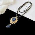 Vintage Deep Blue Crystal Pendant Long Sweater Necklace Round Teardrop Rhinestone Halo Gold Plated Black Beaded Statement Jewelry for Women