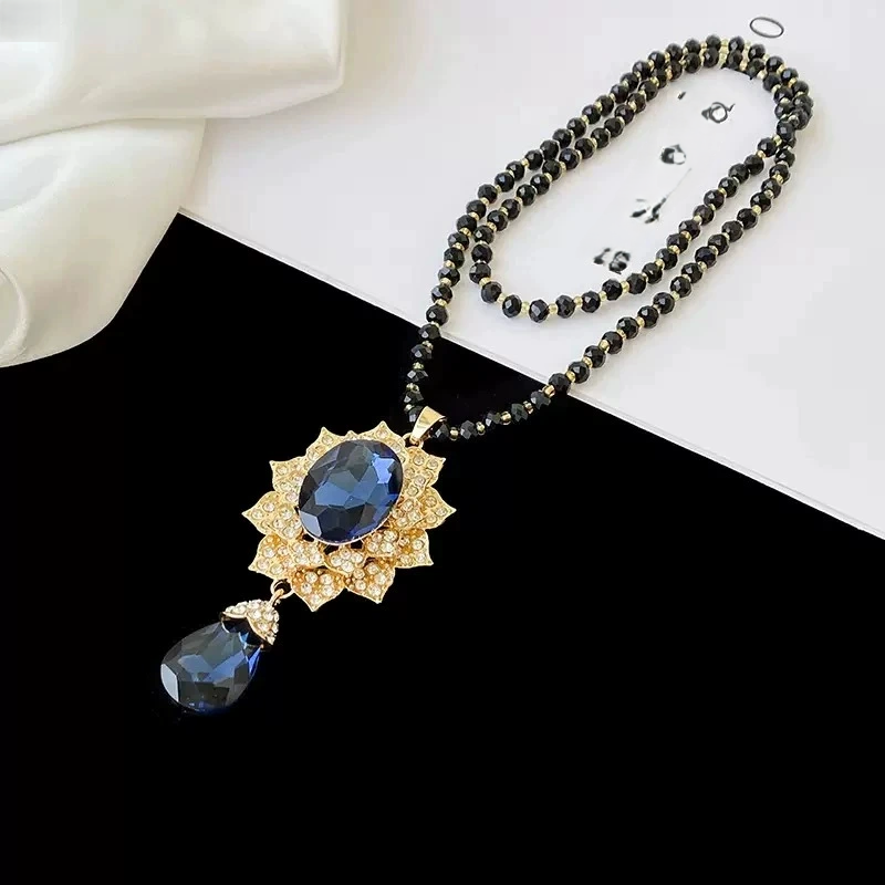 Vintage Deep Blue Crystal Pendant Long Sweater Necklace Round Teardrop Rhinestone Halo Gold Plated Black Beaded Statement Jewelry for Women