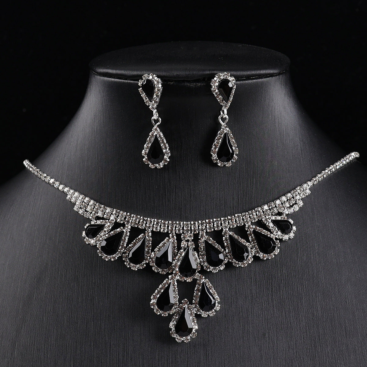 Vintage Teardrop Rhinestone Necklace & Earring Jewelry Set