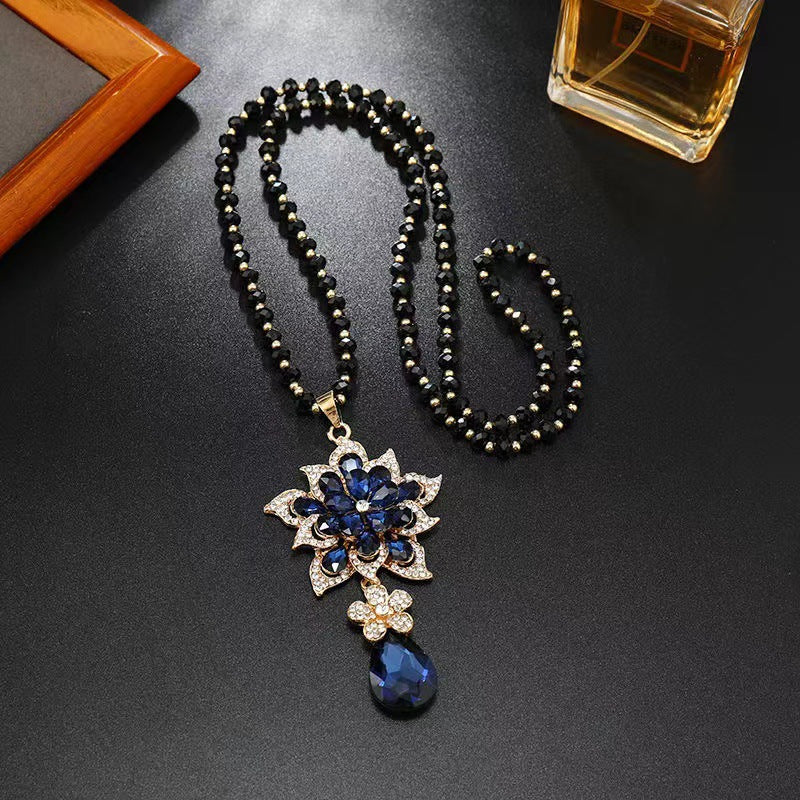 Floral Crystal Teardrop Pendant Long Sweater Necklace Black Bead Chain Gold Plated Women Vintage Jewelry