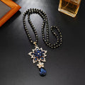 Floral Crystal Teardrop Pendant Long Sweater Necklace Black Bead Chain Gold Plated Women Vintage Jewelry