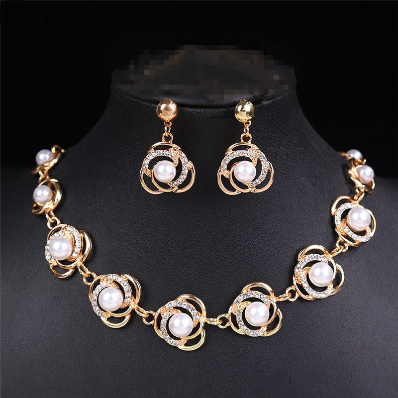 2 Colors Rose Swirl Pearl Jewelry Set, Gold Silver Plated Hypoallergenic Rhinestone Pearl Necklace Dangle Earrings Women Wedding Formal Jewelry