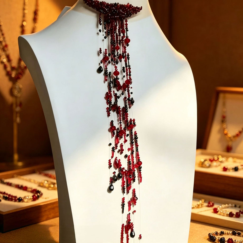 Gothic Blood Red Waterfall Tassel Choker, Vampire Beaded Drop Necklace, Dark Halloween Costume Accessory, Black Red Teardrop Crystal Fringe Choker for Cosplay Party