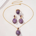 Natural Rough Brazilian Amethyst 3Pcs Jewelry Set Clay Inlaid Rhinestone Drop Earrings Adjustable Open Ring Pendant Necklace Gold Plated Women Boho Gift