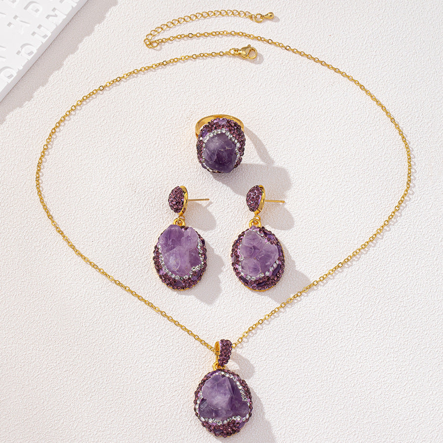 Natural Rough Brazilian Amethyst 3Pcs Jewelry Set Clay Inlaid Rhinestone Drop Earrings Adjustable Open Ring Pendant Necklace Gold Plated Women Boho Gift