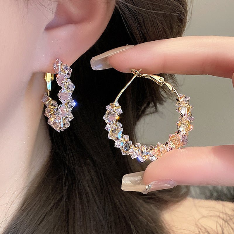 Dainty C-Shape Hoop Earrings, Full Paved Multi-Faceted Cubic Zirconia Crystal Oval Huggie Earrings Gold Plated Sparkly Statement Earrings for Women Wedding Party Dating