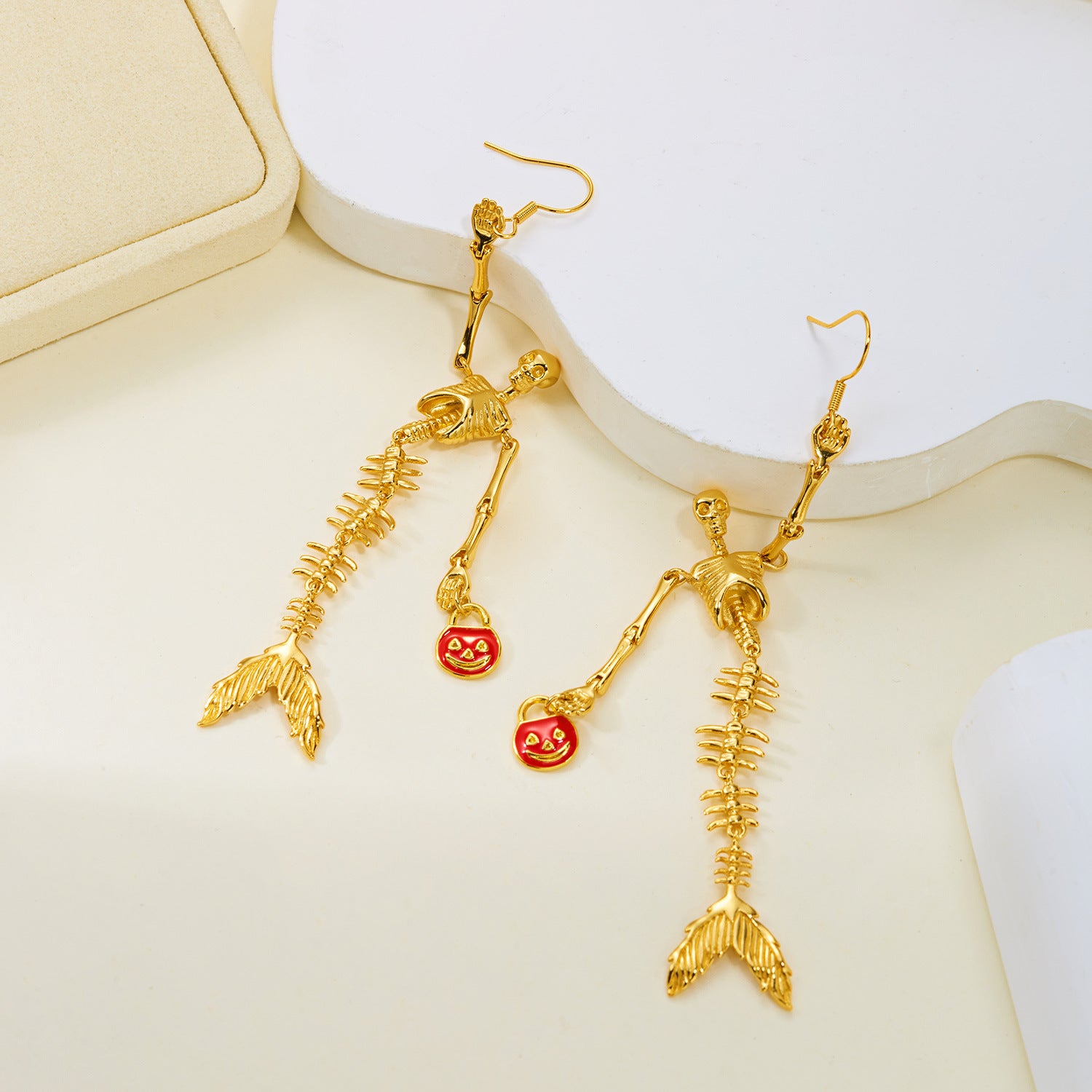 Halloween Golden Skeleton Mermaid Jewelry Set, Skull Mermaid Skeleton Necklace & Dangle Earrings, Pumpkin Smile Face Gothic Mermaid Bone Jewelry, Spooky Halloween Costume Accessory for Women