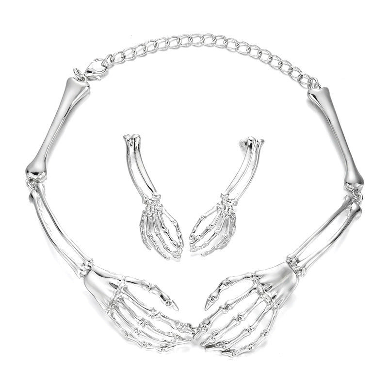 Gothic Skeleton Hand Jewelry Set, Vintage Skull Bone Choker Necklace & Drop Earrings Set Halloween Punk Statement Jewelry For Women