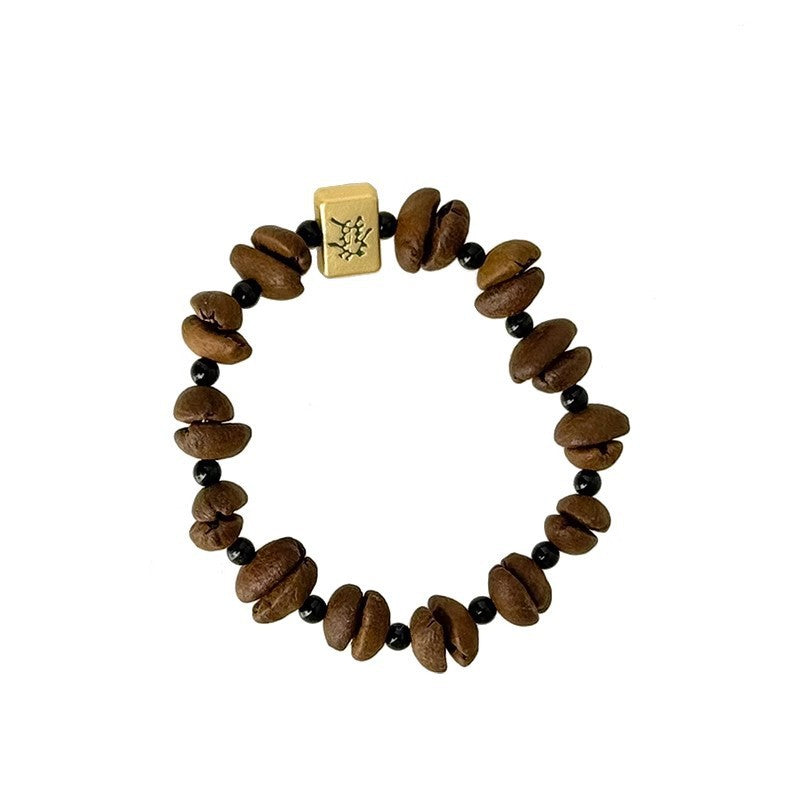 Handmade Real Coffee Bean Beaded Bracelet for Women, Cute Cartoon Dog & Fish Charm Natural Coffee Seed Stretch Bracelet Casual Coffee Lover Wrist Jewelry