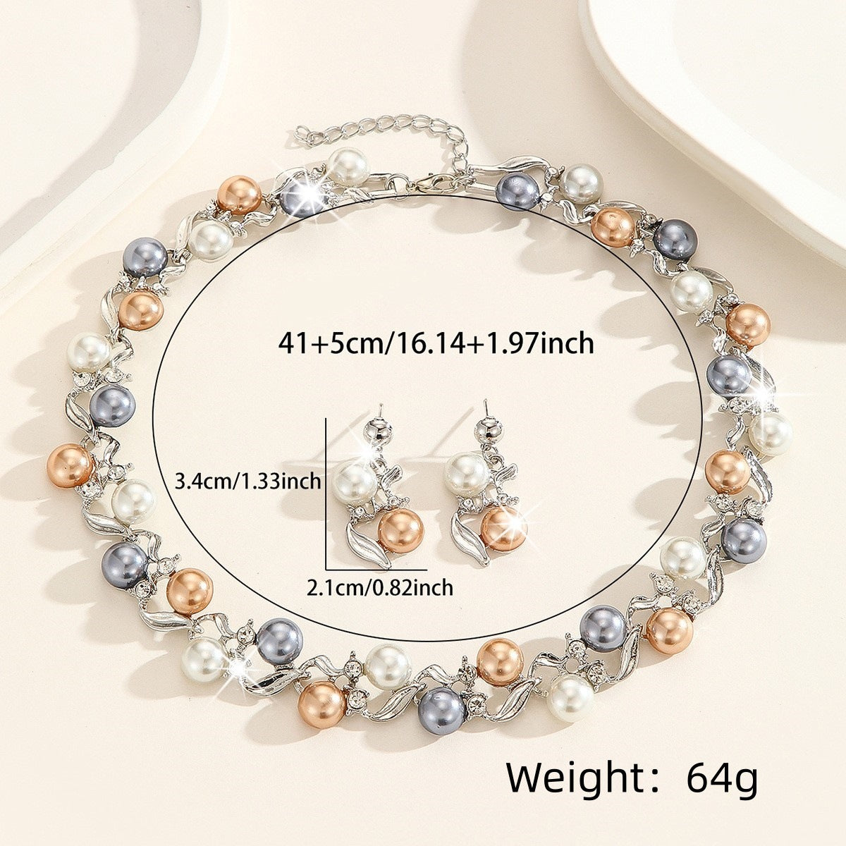 Multicolor Faux Pearl Crystal Jewelry Set, Leaf Shape Silver/Gold Plated Choker Necklace & Drop Earrings Hypoallergenic Formal Jewelry