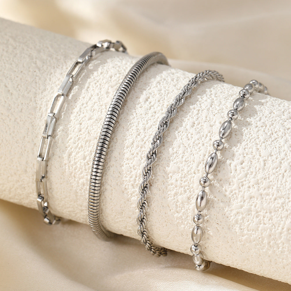 4-Layer Mixed Chain Bracelet, Hypoallergenic Titanium Steel Twist Snake Bead Stackable Bangle