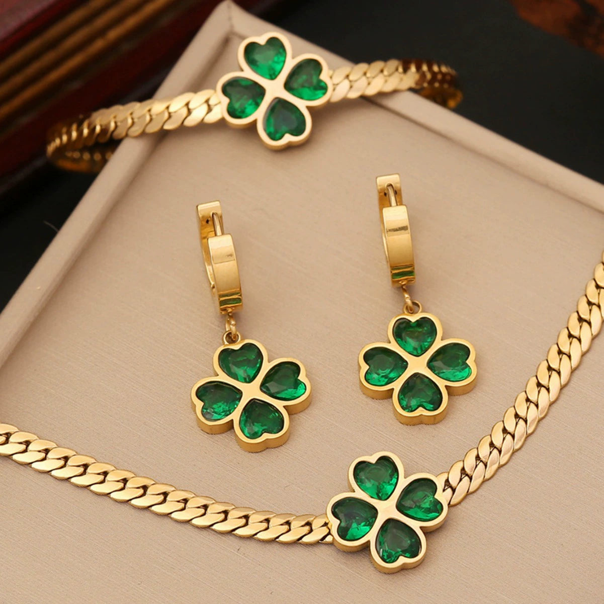 18K Gold Plated Stainless Steel Four Leaf Clover Jewelry Set, Tarnish Resistant Heart Emerald Zircon Cuban Chain Necklace Bracelet Hoop Earrings Set For Women