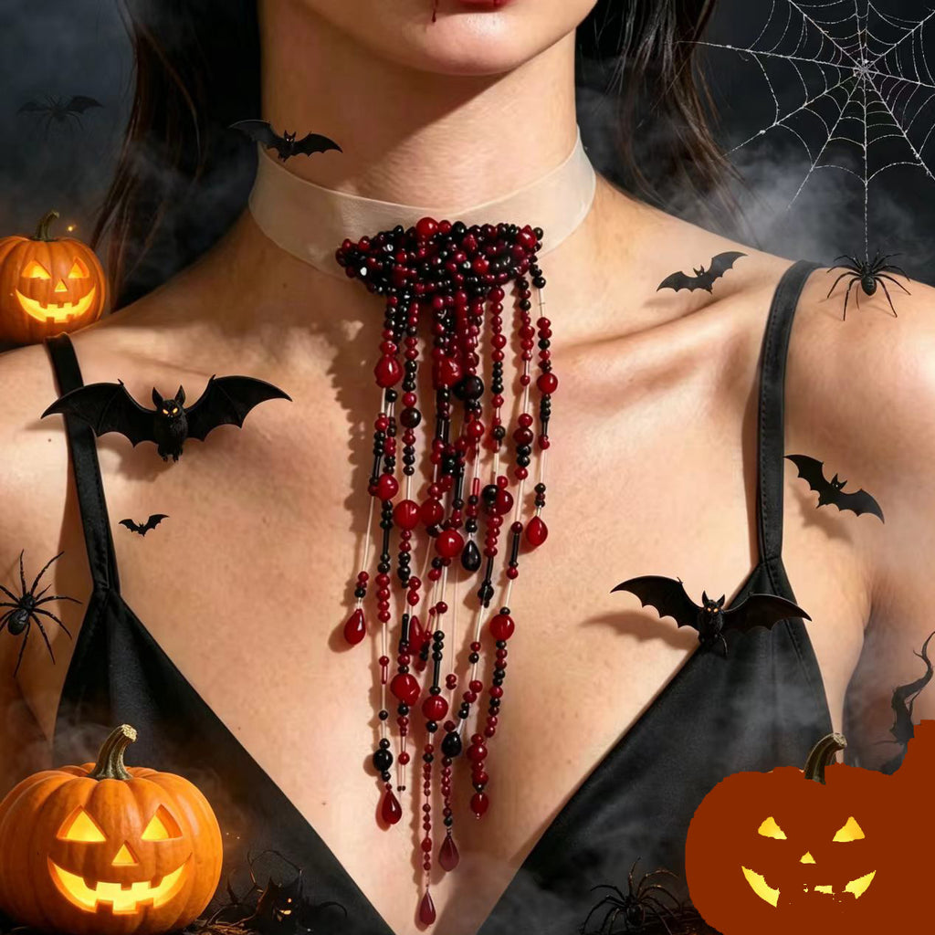 Gothic Blood Red Waterfall Tassel Choker, Vampire Beaded Drop Necklace, Dark Halloween Costume Accessory, Black Red Teardrop Crystal Fringe Choker for Cosplay Party