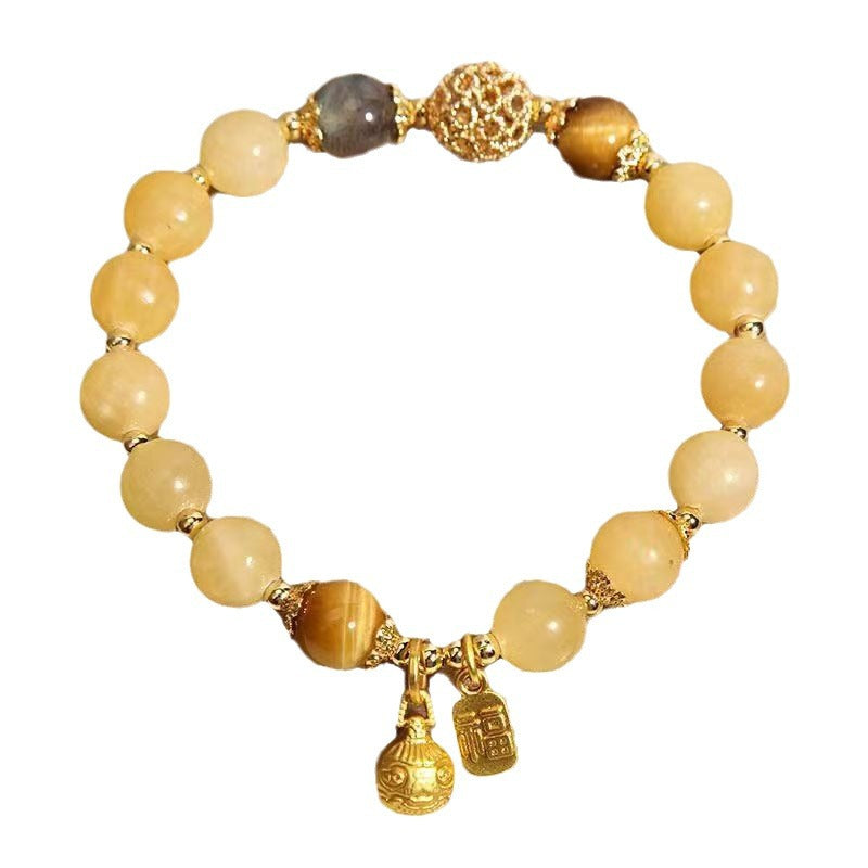 Vintage Golden Money Swallow Beast Bracelet with Hollow Ornate Ball, Natural Topaz & Grey Moonstone Tiger Eye Beaded Bracelet, Wealth Luck Crystal Jewelry Gift for Women