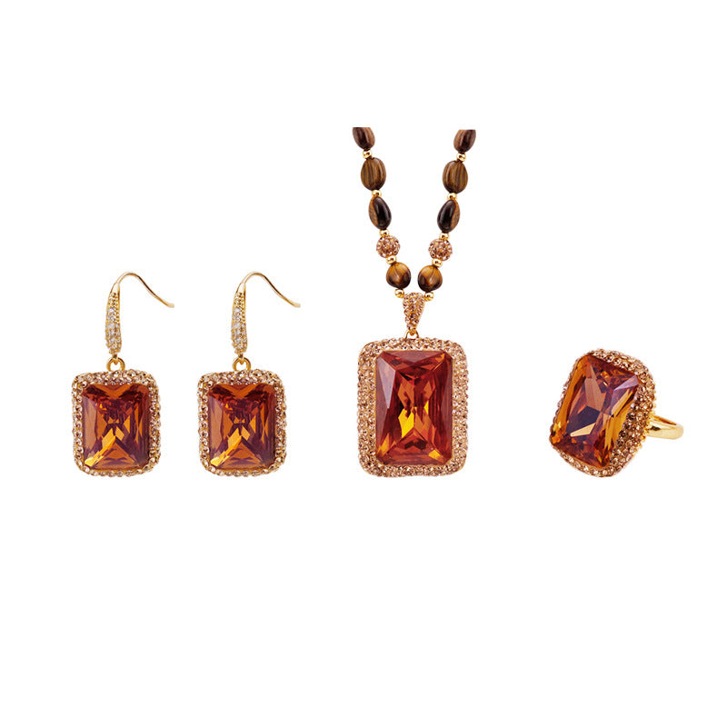 Vintage Orange Sultan Stone 3Pcs Jewelry Set Natural Tiger Eye Beaded Necklace Drop Earrings Cocktail Ring Gold Plated Retro Women