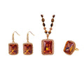 Vintage Orange Sultan Stone 3Pcs Jewelry Set Natural Tiger Eye Beaded Necklace Drop Earrings Cocktail Ring Gold Plated Retro Women