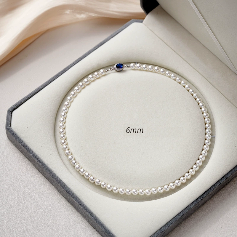 High Luster Natural Australian Mother of Pearl Necklace, 925 Sterling Silver Sapphire Inlaid Clasp, 45CM Single Strand Round Shell Pearl Choker, Elegant Vintage Pearl Jewelry for Wedding Party Daily Outfit Gift for Women