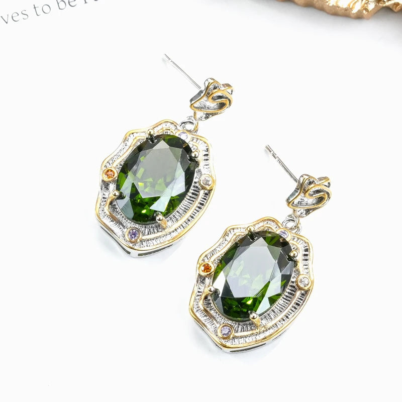 Retro Baroque Olive Green Peridot Crystal Earrings 925 Silver Stud Antique Textured Bi-Color Metal Inlaid Mini Zircon Formal Wedding Banquet Drop Earrings