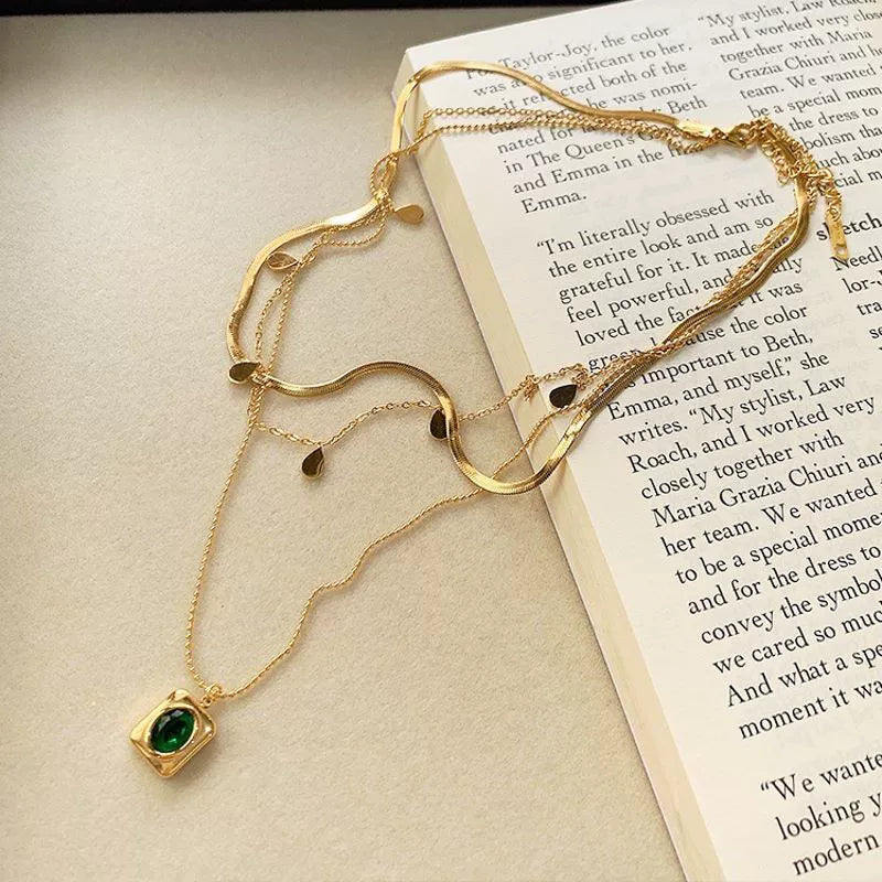 Double Layer Green Zircon Square Pendant Necklace, Hypoallergenic Snake Chain Layering Choker