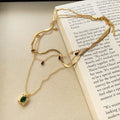 Double Layer Green Zircon Square Pendant Necklace, Hypoallergenic Snake Chain Layering Choker