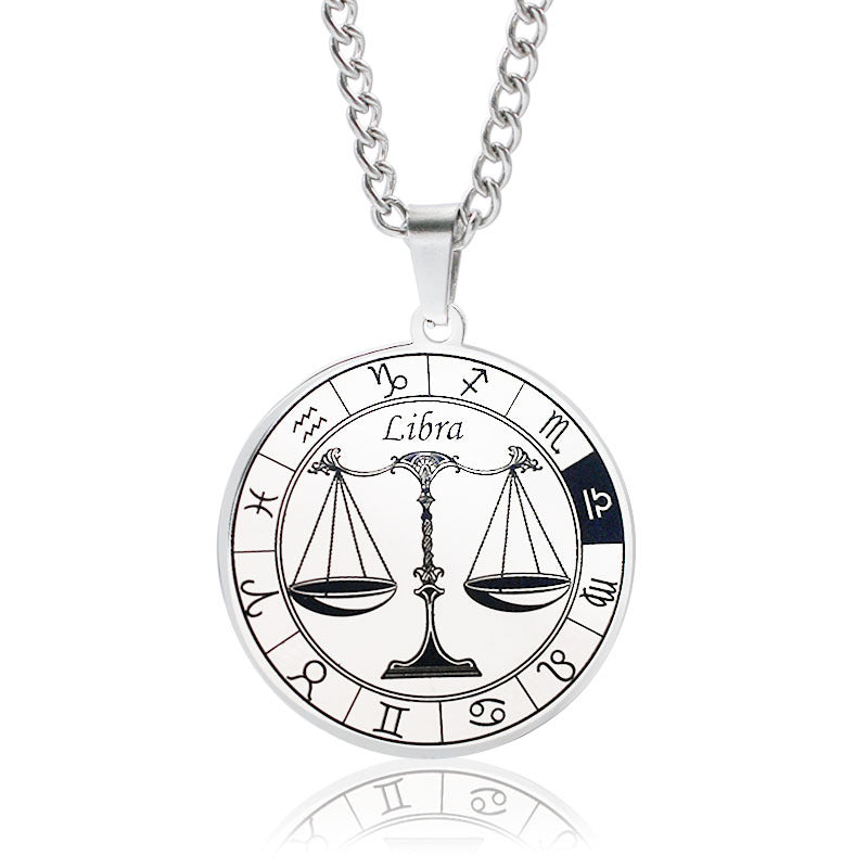 12 Zodiac Sign Stainless Steel Pendant Necklace Engraved Horoscope Coin 60cm Curb Chain Unisex Gift
