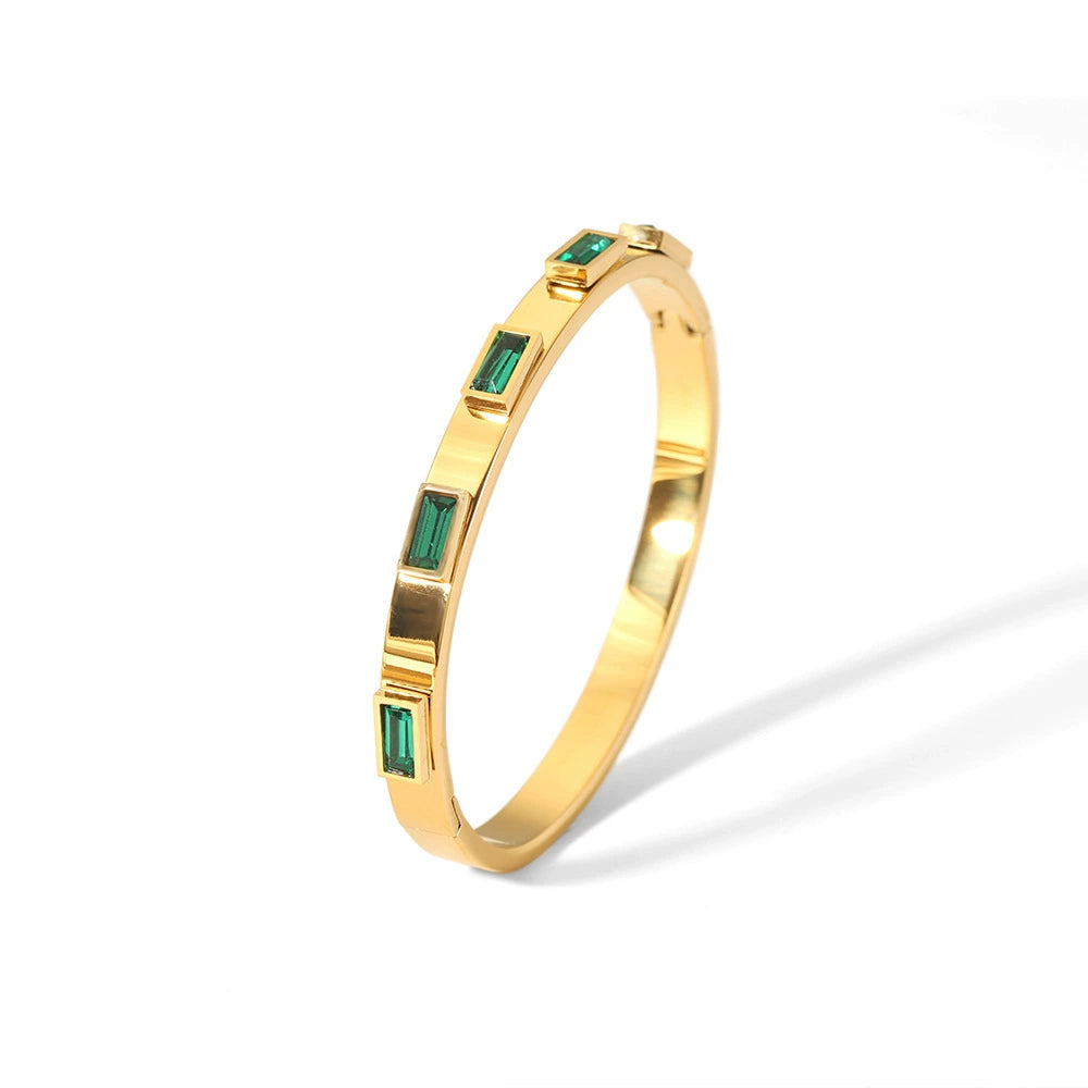 18K Gold Plated Stainless Steel Baguette Cubic Zirconia Hinged Bangle, Tarnish Resistant Rectangle Crystal Open Cuff Bracelet Stackable Jewelry For Women