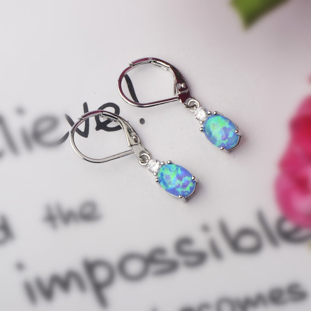 Oval Opal Leverback Drop Earrings, Silver & Rose Gold Plated
