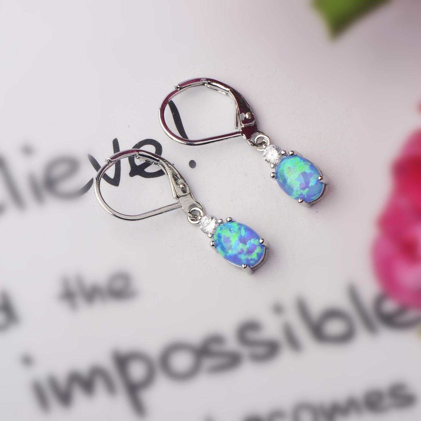 Oval Opal Leverback Drop Earrings, Silver & Rose Gold Plated