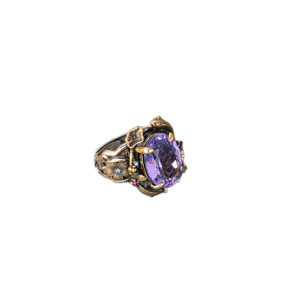 Vintage Oval Simulated Amethyst Open Adjustable Ring Two-Tone Metal Fish Lotus Carved Cocktail Statement Ring Women Retro Jewelry Gift