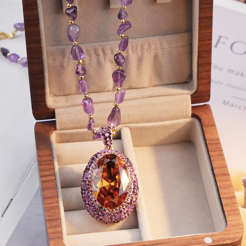 Color Changing Purple Sultan Stone Pendant Sweater Necklace Natural Amethyst Chip Beaded Chain Gold Plated Rhinestone Halo Women Luxury Jewelry