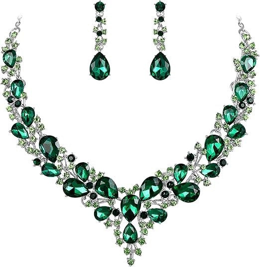 Crystal Statement Necklace & Earrings Set, 50+5cm Adjustable Chain
