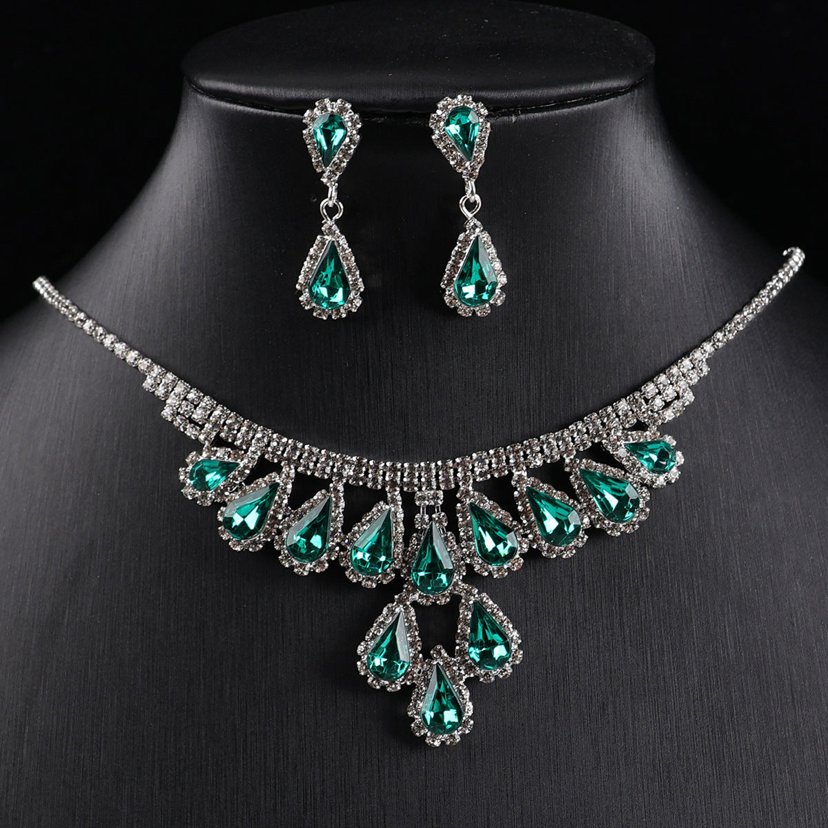 Vintage Teardrop Rhinestone Necklace & Earring Jewelry Set