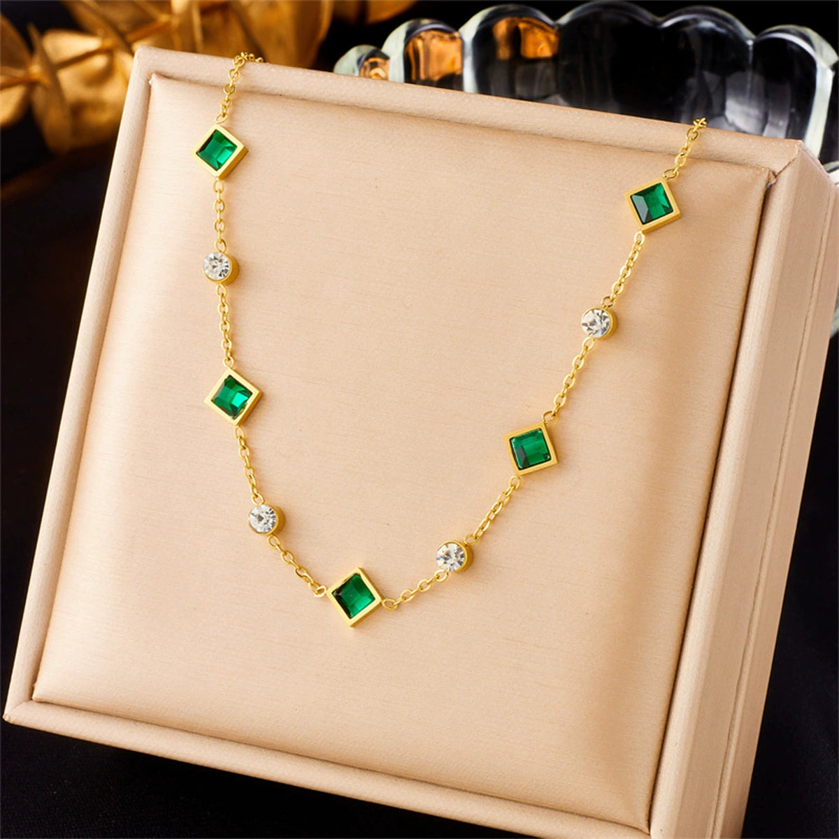 18K Gold Plated Stainless Steel Square Simulated Emerald Crystal 2Pcs Jewelry Set, Tarnish Resistant Dainty Clavicle Necklace & Adjustable Bracelet Set For Women